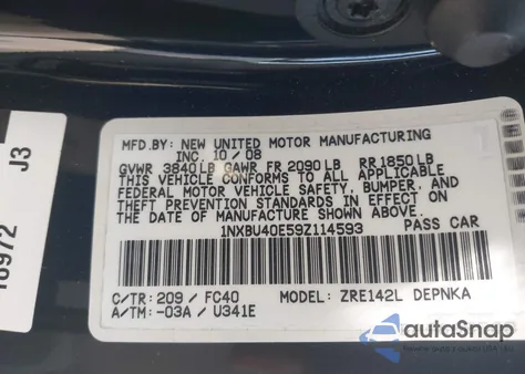 2009 Toyota Corolla Xle из США, поврежденный, VIN 1NXBU40E59Z114593